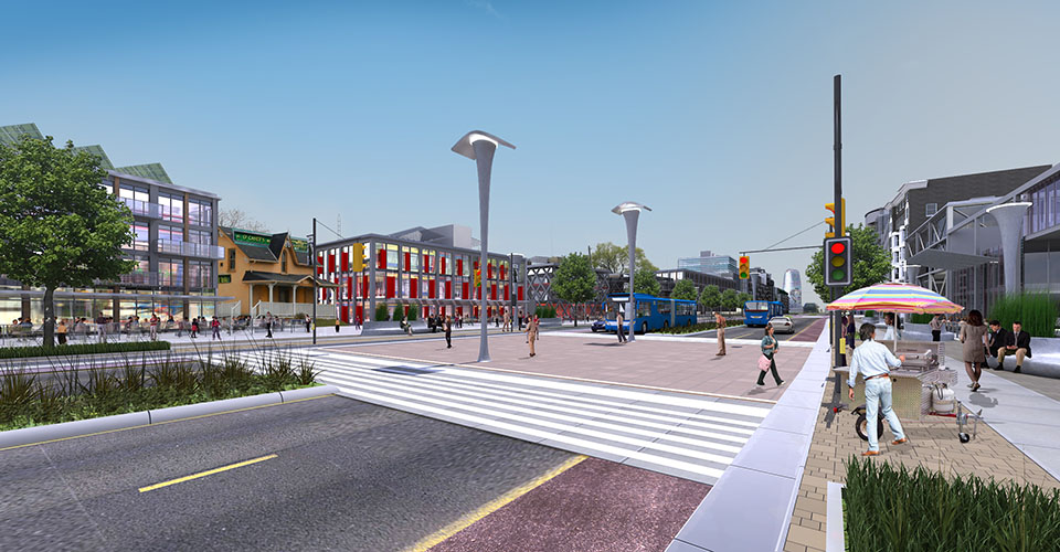 street intersection with people crossing and various building types in the background